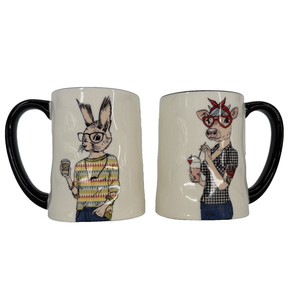 Signature Housewares Mugs Animal Hipster Stoneware Set Of 2 - Pig and Rabbit